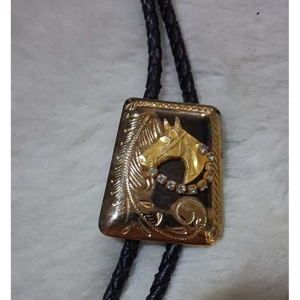 Vintage Bolo Tie with Gold Square Pendant race horse